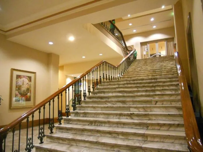 Wide polished marble staircase with timber handrails