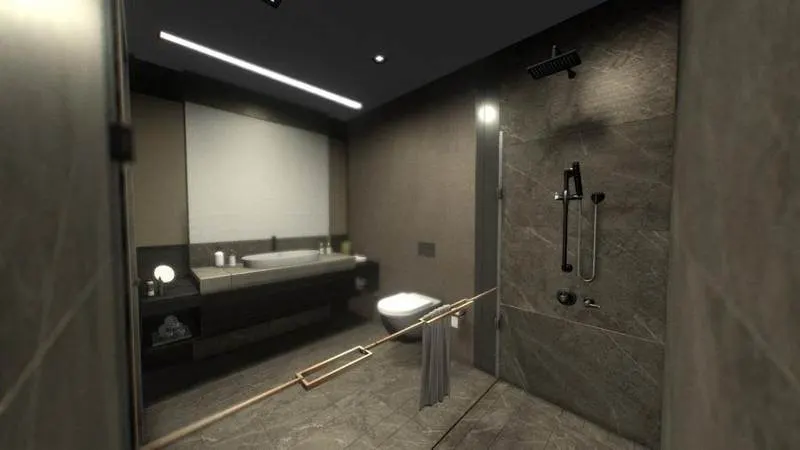 Dark stone shower enclosure with an overhead light