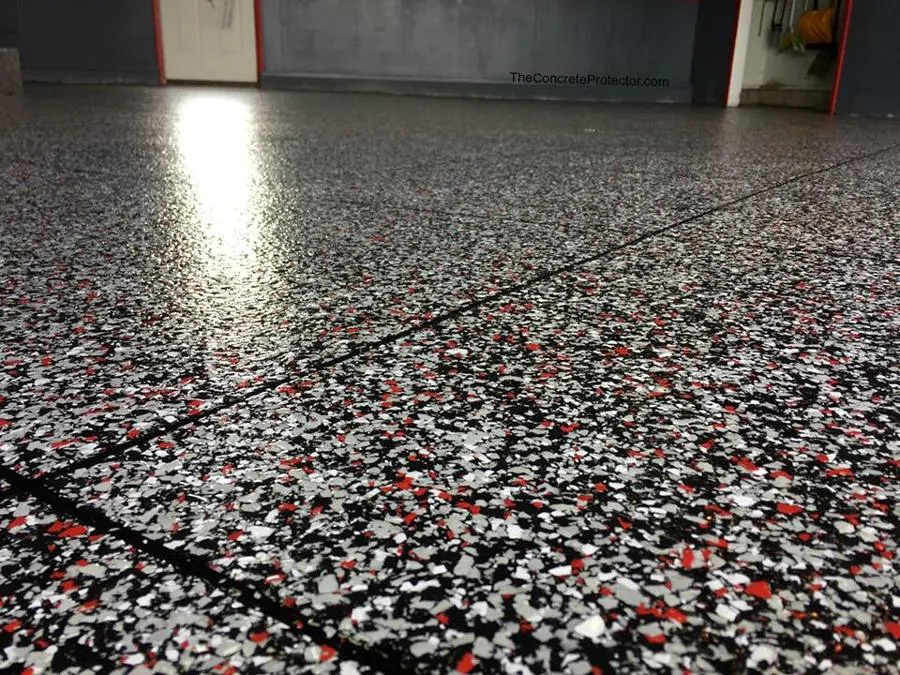 Close-up of a speckled epoxy-style tiled floor