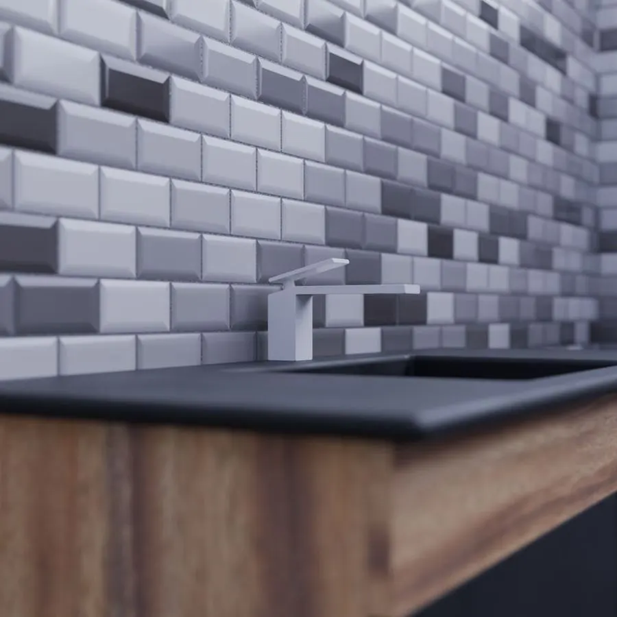 Raised grey and white rectangular kitchen backsplash tiles